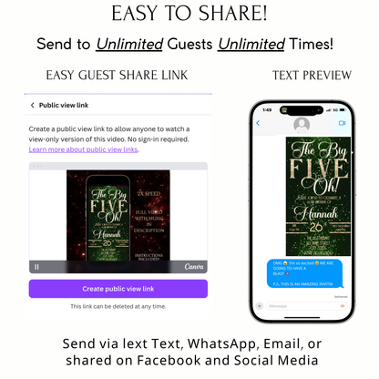 Green and Gold 50th Birthday Video Invitation –  RSVP tracking website - Editable Canva Animated Invite