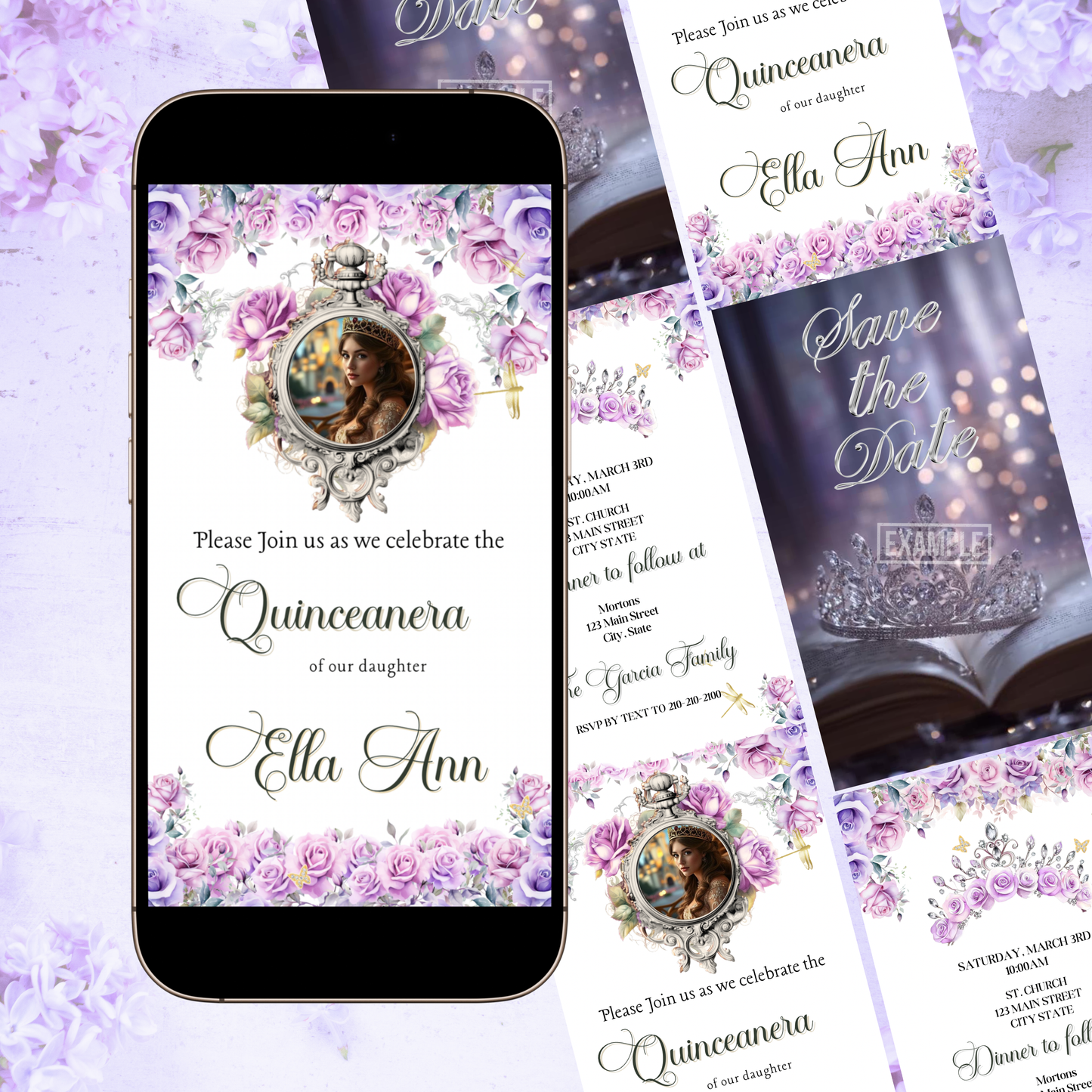 Lilac Quinceanera Video Invite | Animated Sweet 15 Quince Invite | Editable Canva Evite Template