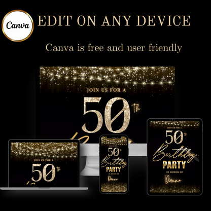 Videoeinladung zum 50. Geburtstag | Elegante digitale Champagner-Einladung (animiert) | Bearbeitbare Canva-Vorlage