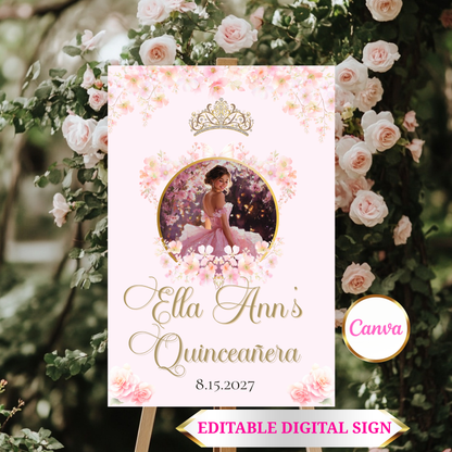 Quinceanera Welcome Sign - Sweet 15 or 16 Pink Floral Party Sign