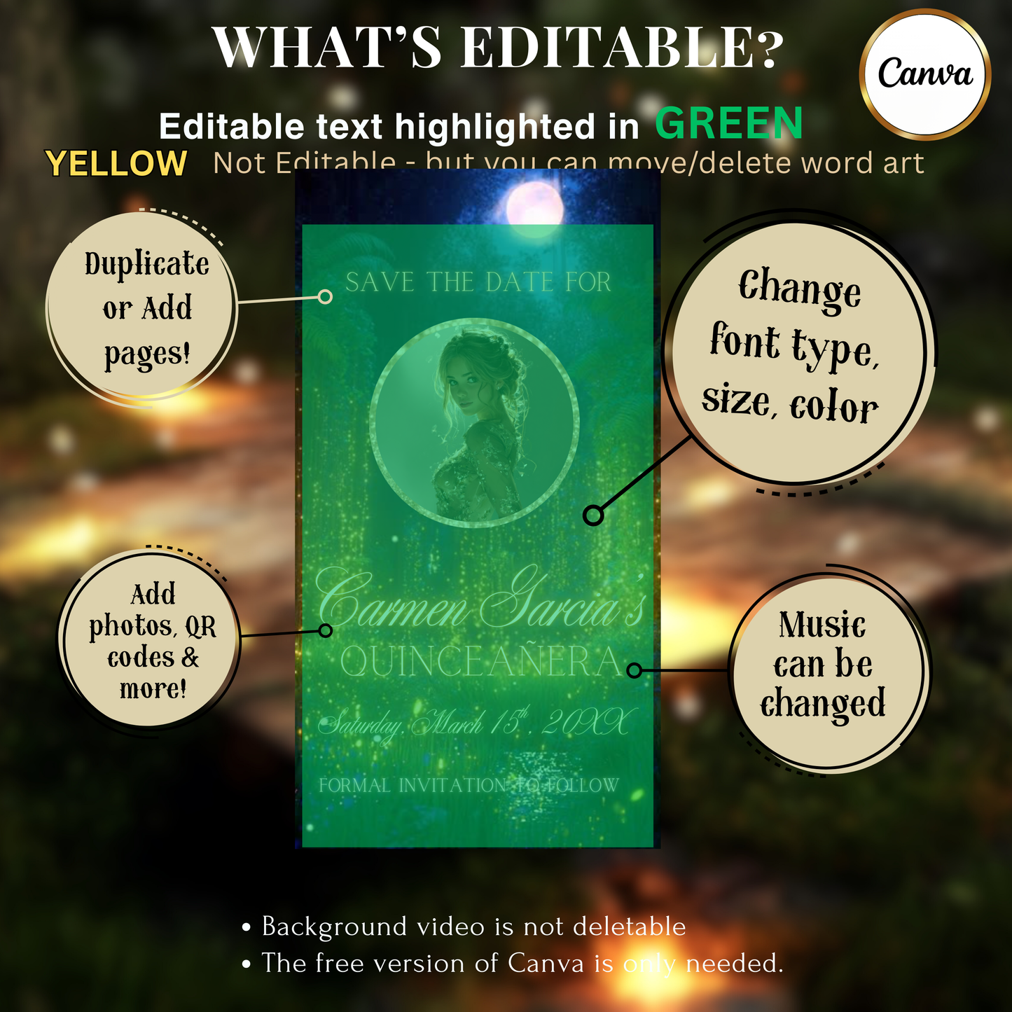 Enchanted Forest Quinceanera Video Invite | Animated Sweet 15 16 Save the Date Evite | Editable Canva Evite Template