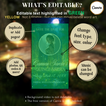 Enchanted Forest Quinceanera Video Invite | Animated Sweet 15 16 Save the Date Evite | Editable Canva Evite Template
