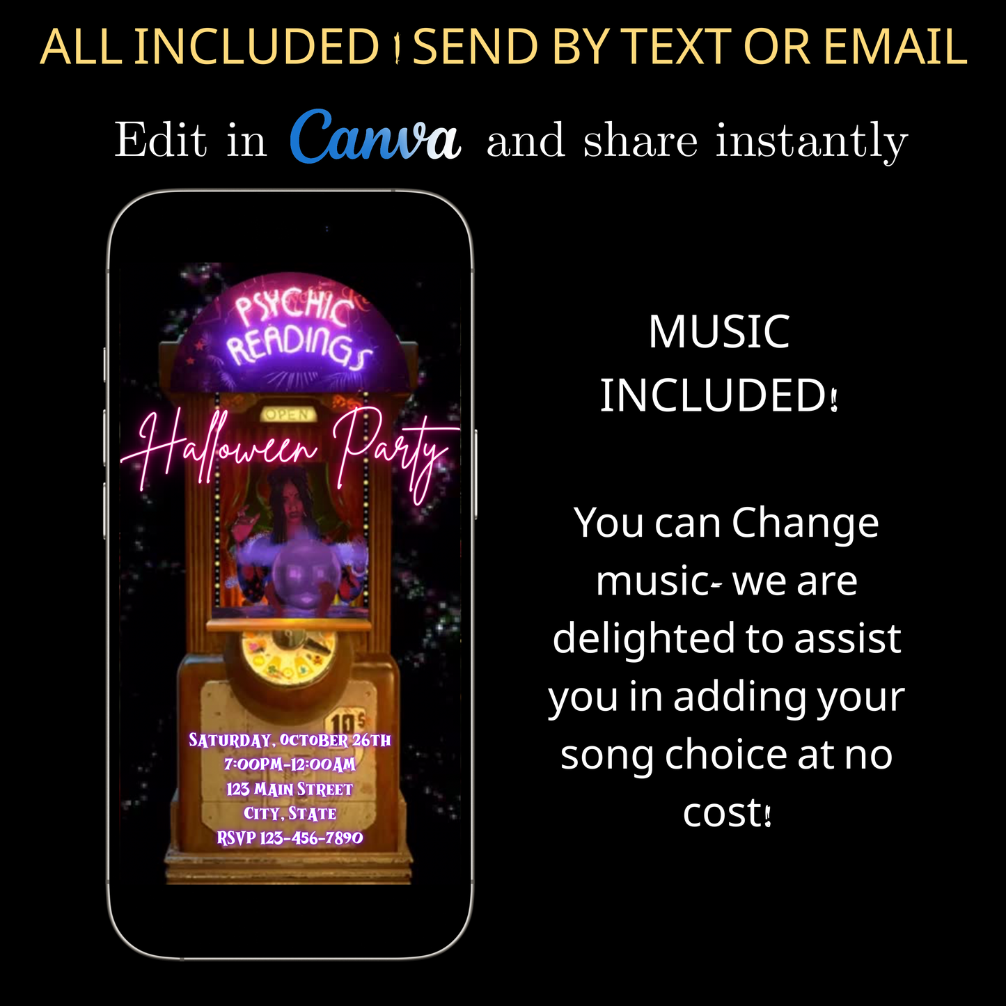 Halloween-Videoeinladung, animierte Einladung mit Wahrsager-Motiv, bearbeitbare mobile Einladung zur Halloween-Party