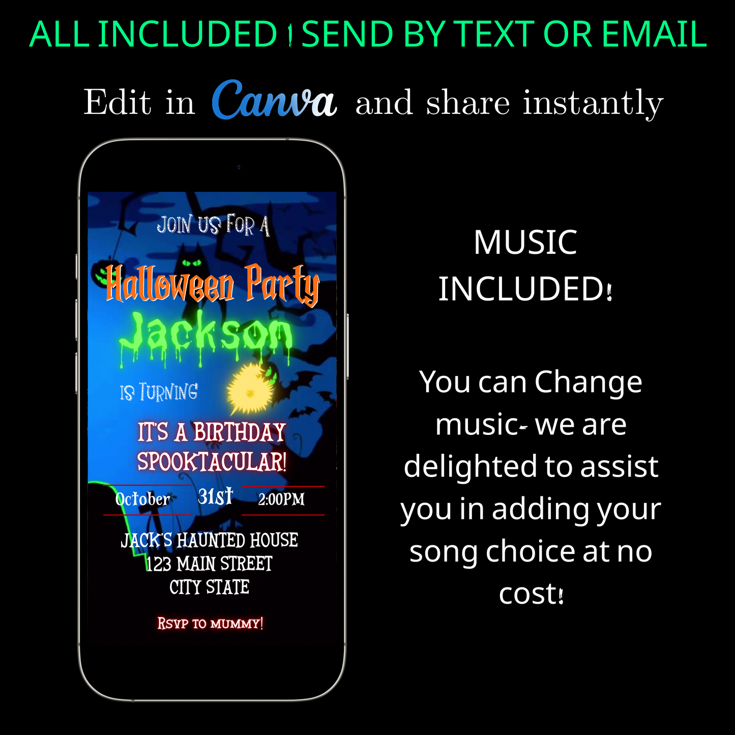 Halloween-Videoeinladung, animierte Einladung zum gruseligen Geburtstag für Jungen, bearbeitbare mobile Einladung zur Halloween-Party