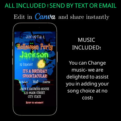 Halloween-Videoeinladung, animierte Einladung zum gruseligen Geburtstag für Jungen, bearbeitbare mobile Einladung zur Halloween-Party