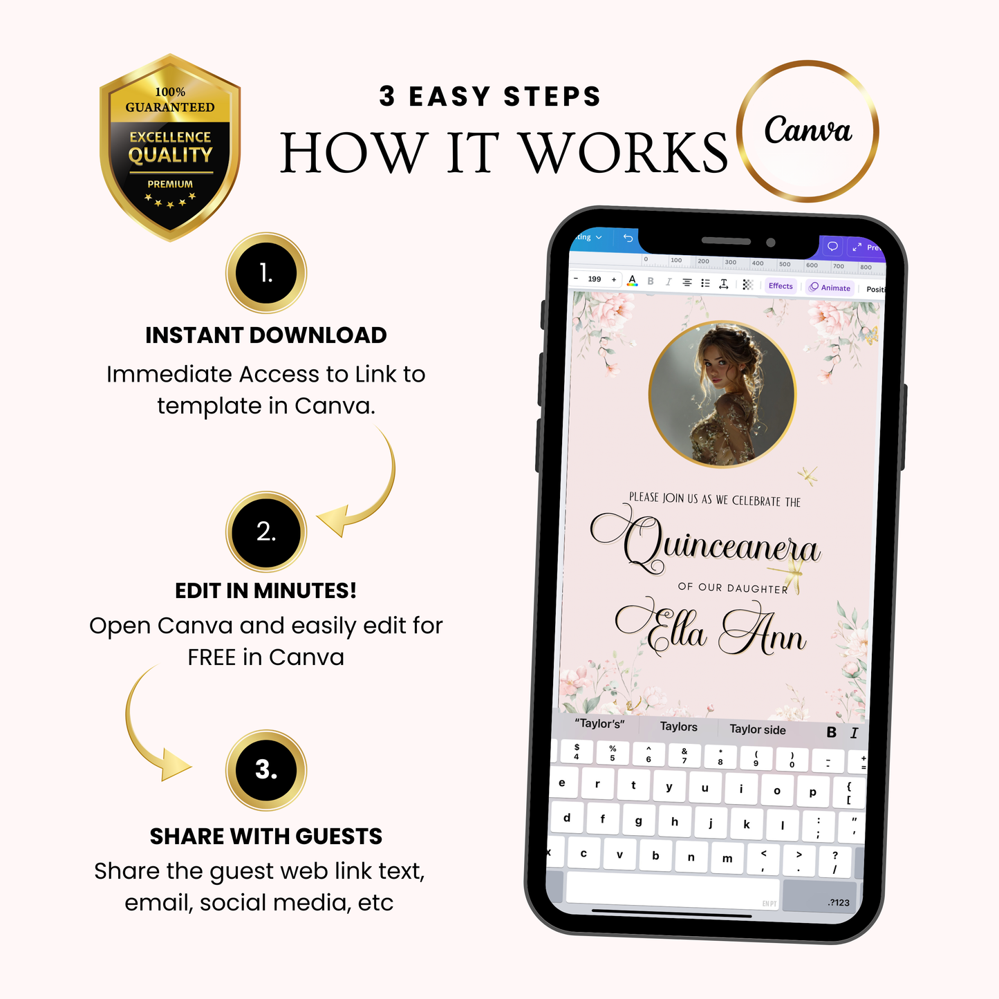 Pink Quinceanera Video Invite | Animated Sweet 15 Quince Invite | Editable Canva Evite Template