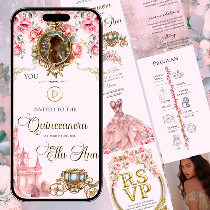 Quinceanera Video Invitation Website | Animated Sweet 15 Digital Evite | Editable Canva Invite Template