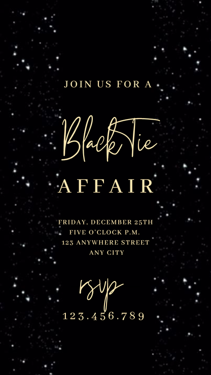 Black Glitter Glam Video Invitation — Elegant Gold Text Digital Template Download