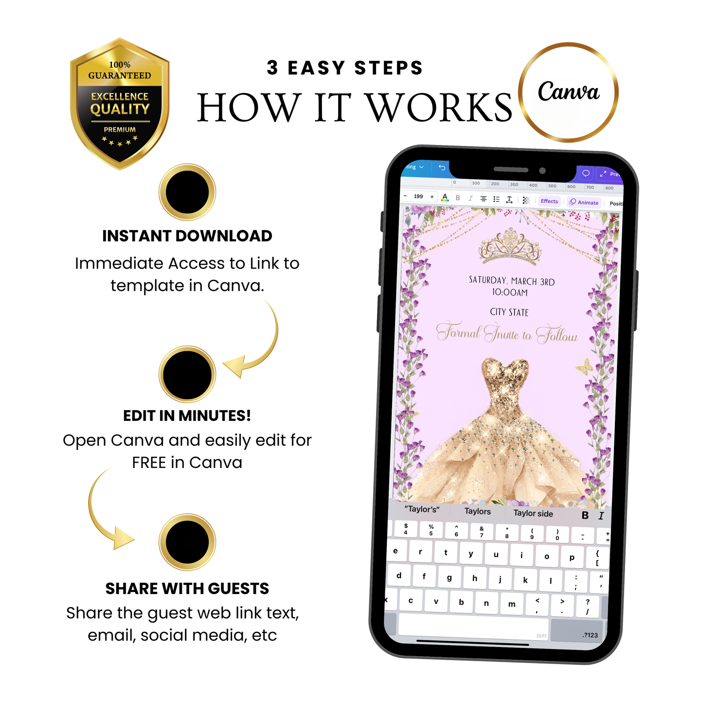Lilac Quinceañera Video Invitation | Digital Princess Sweet 15 16 Animated Invite | Editable Canva Template
