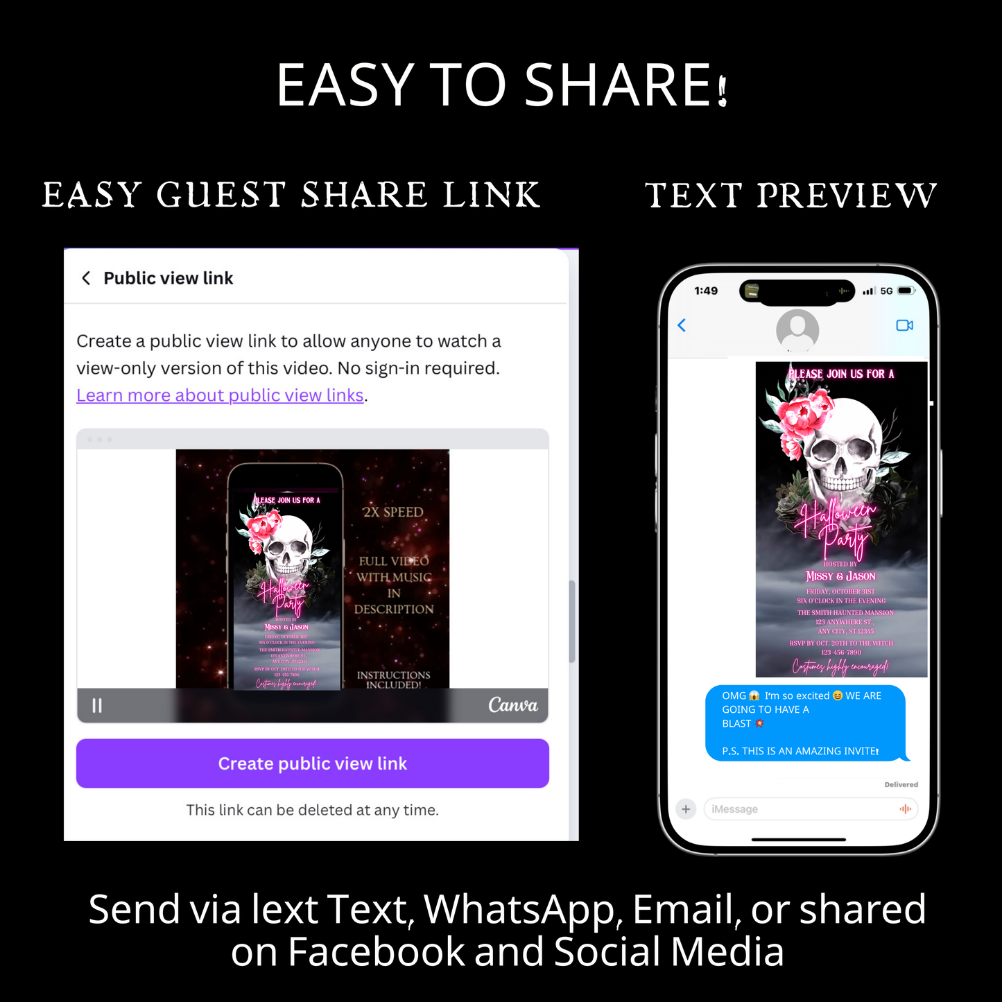 Halloween-Videoeinladung, animierte Einladung mit rosa Totenkopf, bearbeitbare mobile Einladung zur Halloween-Party