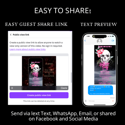 Halloween-Videoeinladung, animierte Einladung mit rosa Totenkopf, bearbeitbare mobile Einladung zur Halloween-Party