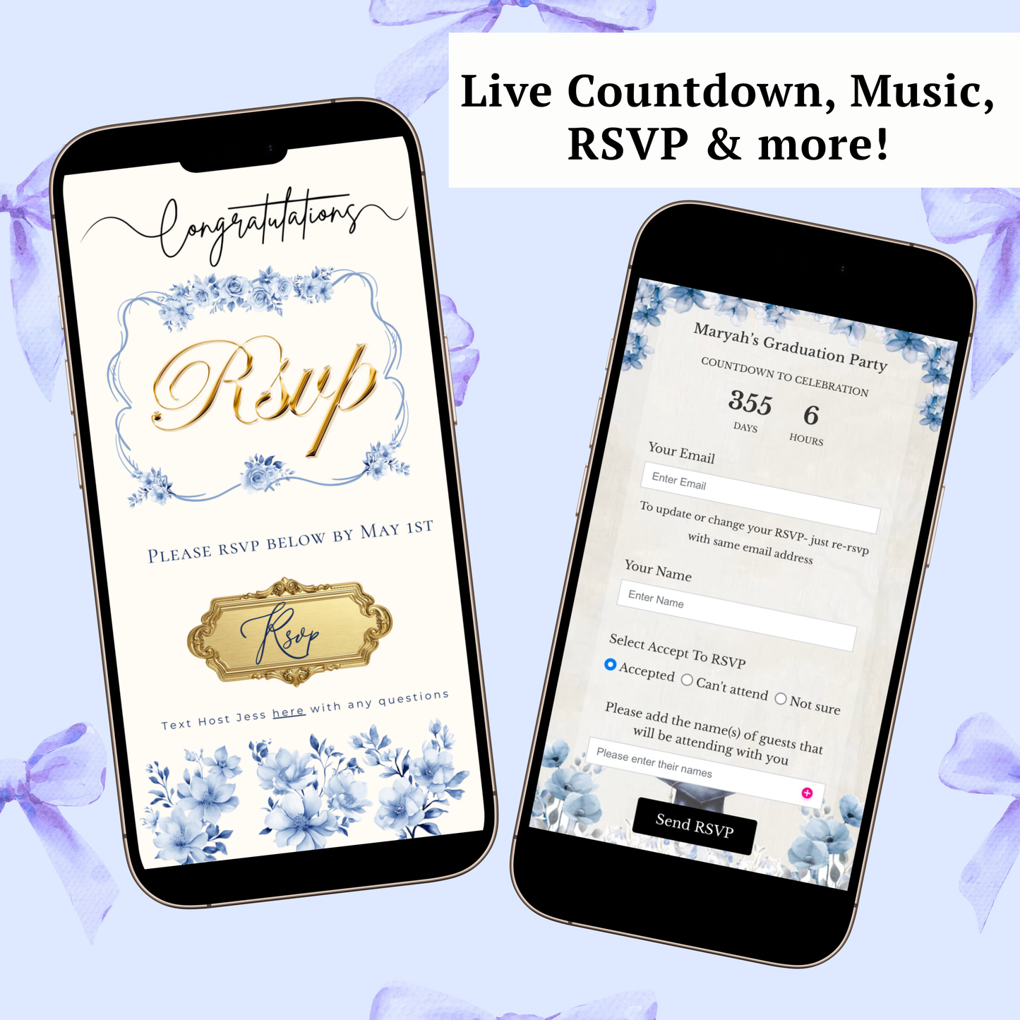 Einladung zur Abschlussfeier 2026 | Canva-Vorlage für Antwortmöglichkeit mit Musik | Blaues Blumenmuster für sie