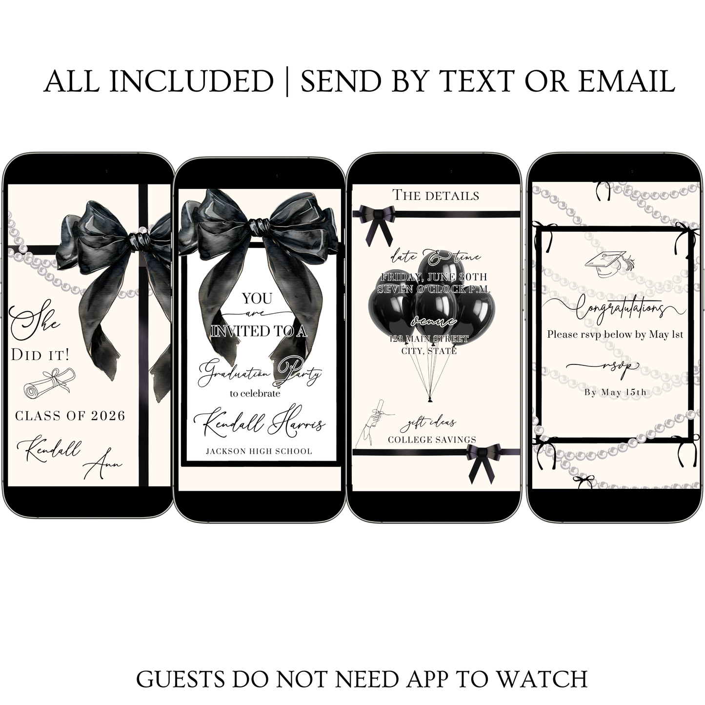 Graduation Party Video Invitation | Cream and Black Bow Graduation Invite for Her | Editable Online RSVP Evite Canva Template