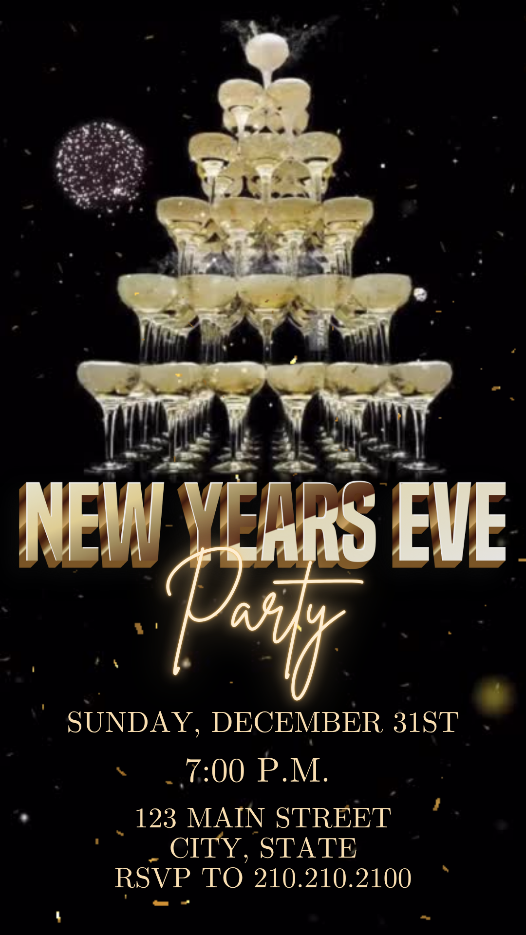 Online editable elegant tower champagne video party invite