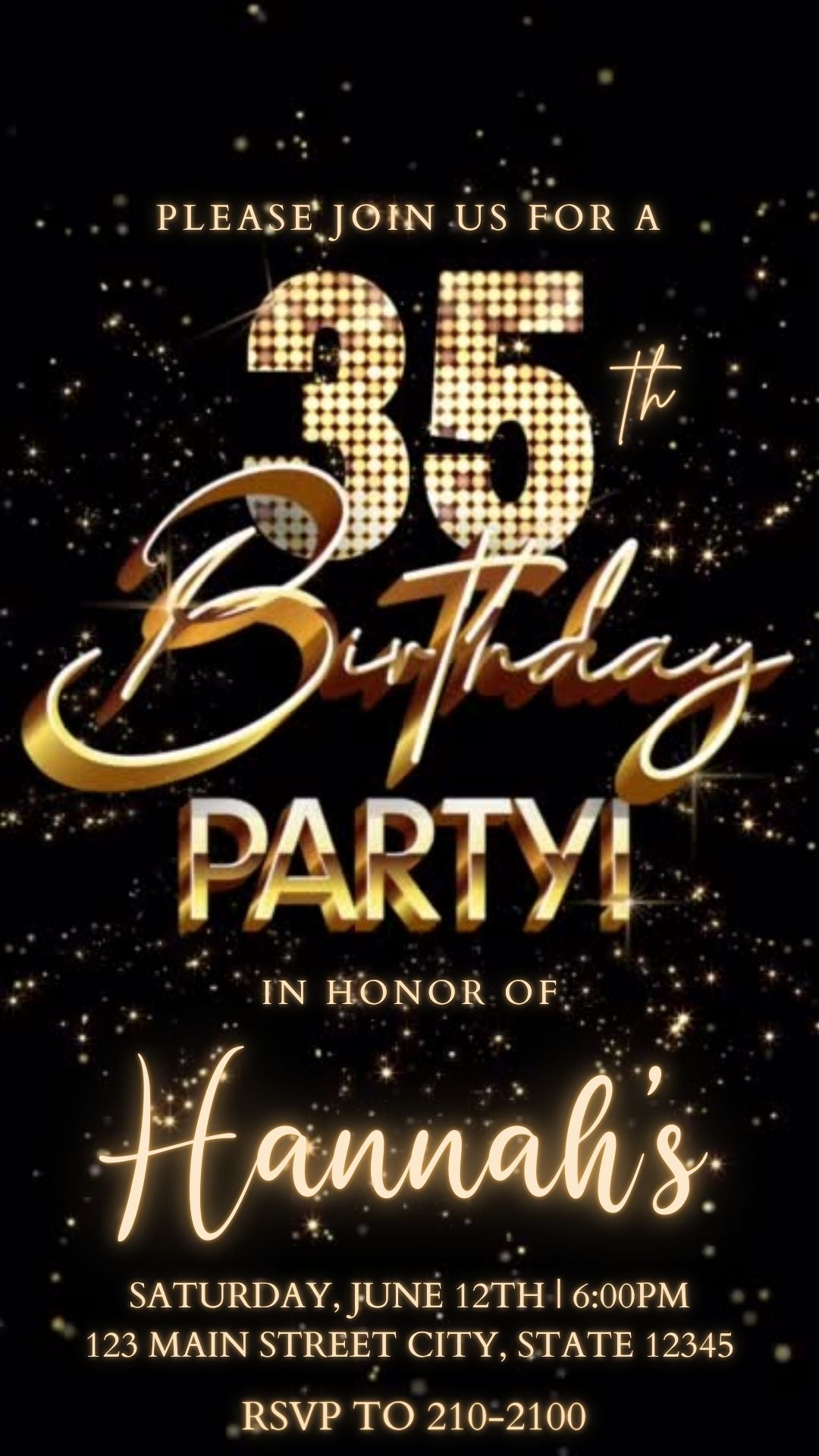 Editable black gold fireworks 35th birthday video invitation displayed on a mobile phone, featuring an animated vertical digital invite with music, created in Canva. This premium video invitation template is designed for sharing by text, email, and social media and works with an interactive RSVP website for easy guest response tracking.