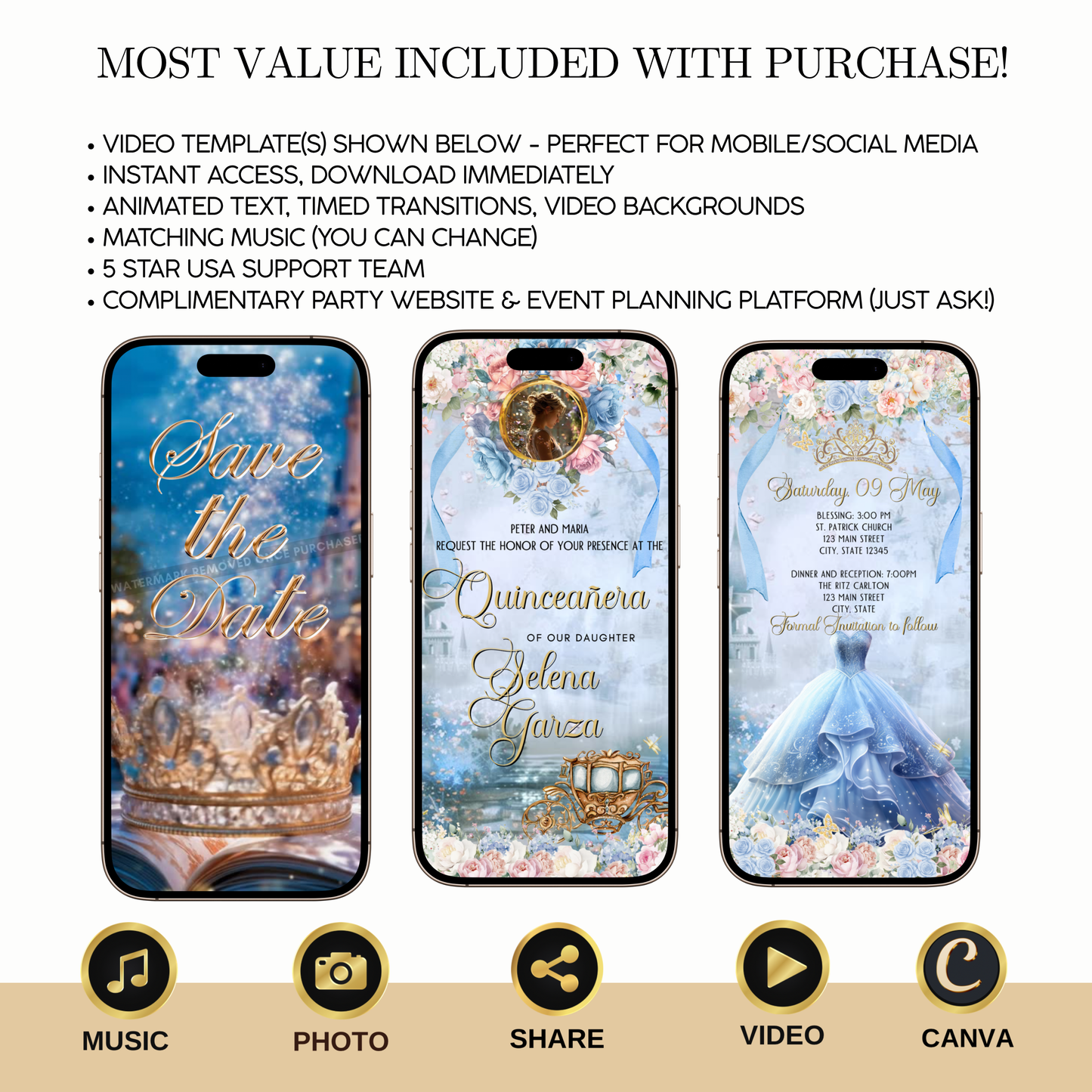 Cinderella Quinceanera Video Invitation Template | Mobile Animated Invite Birthday | Canva Video Evite Download