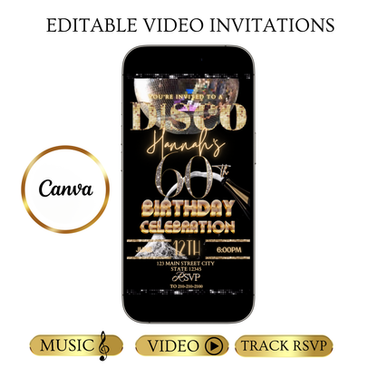 Disco 60th Birthday Party Video Invitation | Champagne Disco Theme Digital Evite | Editable Canva Template