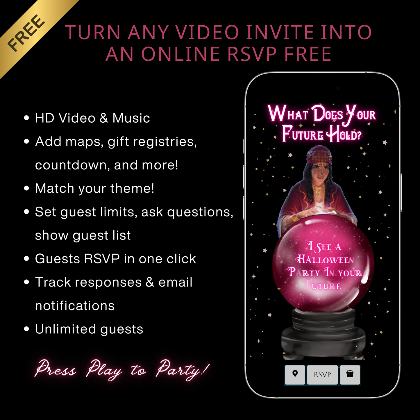 Halloween-Videoeinladung, animierte Einladung mit Tarot-Wahrsager, bearbeitbare mobile Einladung zur Halloween-Party