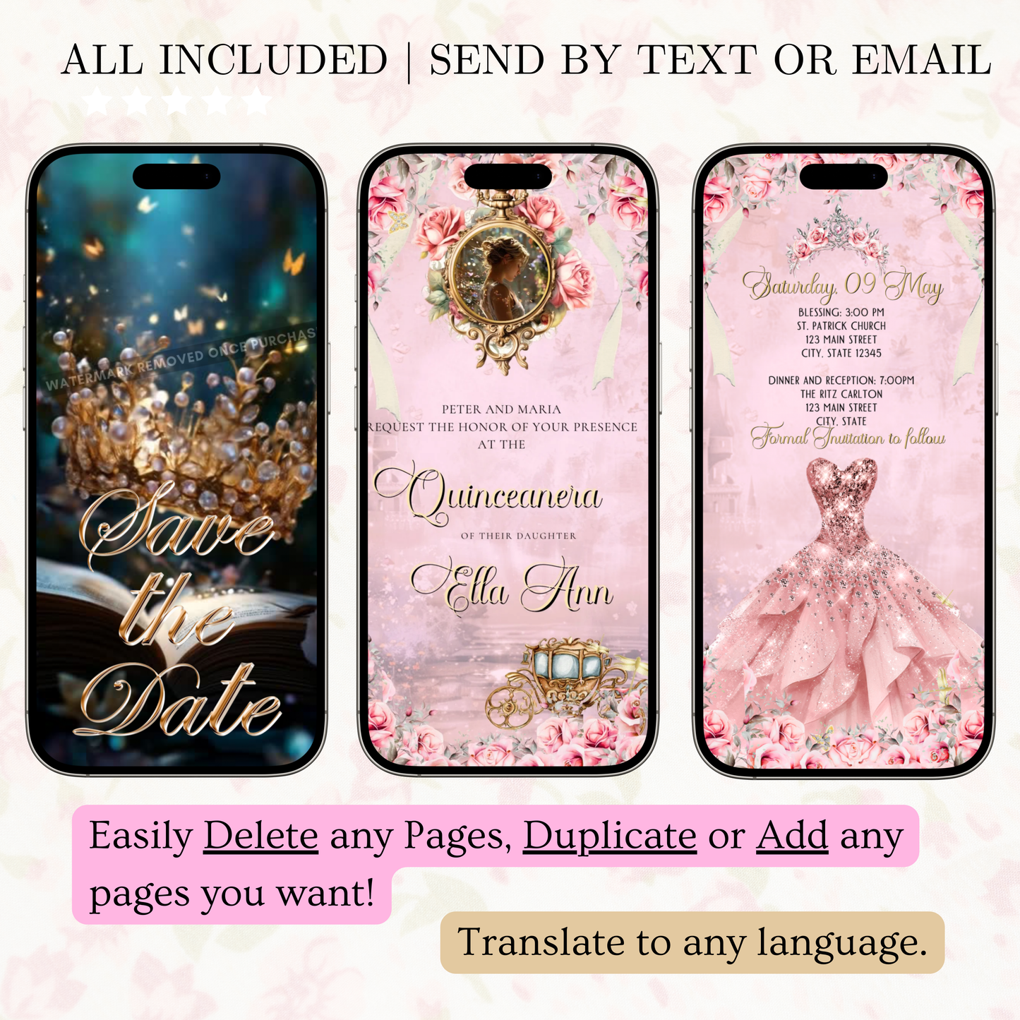 Pink Quinceañera Video Invitation | Digital Royal Sweet 15 16 Animated Invite | Editable Canva Template