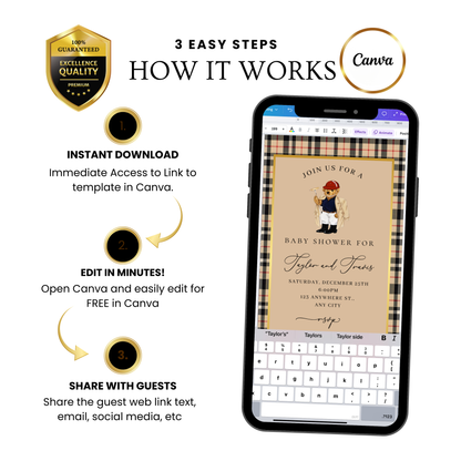 Polo Bear Baby Shower Video Invitation | Digital Burberry Plaid Invite | Editable Canva Template