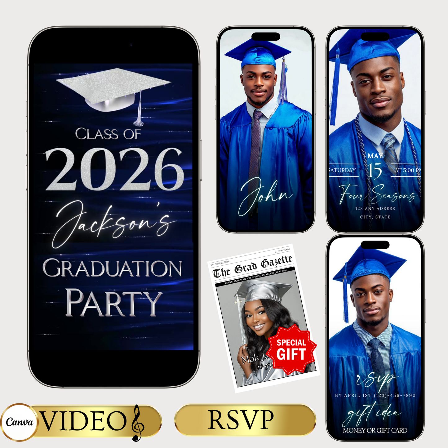 Graduation Party Video Invitation | Class of 2026 Royal Blue and Silver Invite for Him | Editable Online RSVP Evite Canva Template