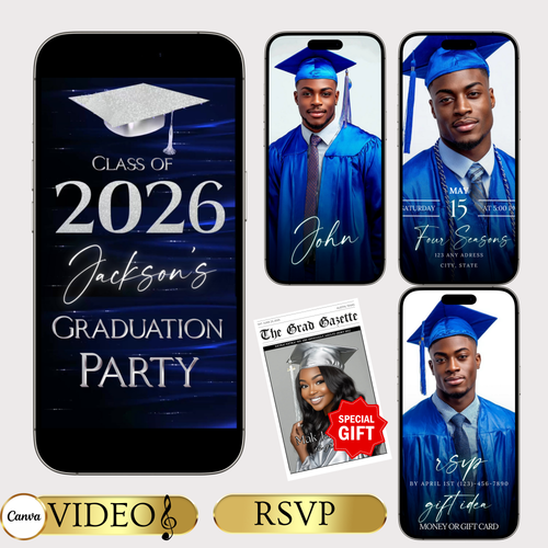 Graduation Party Video Invitation | Class of 2026 Royal Blue and Silver Invite for Him | Editable Online RSVP Evite Canva Template