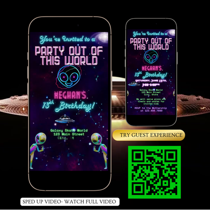 Party Out of This World Alien Birthday Invitation | Mobile Animated Alien Invite | Editable Canva Template