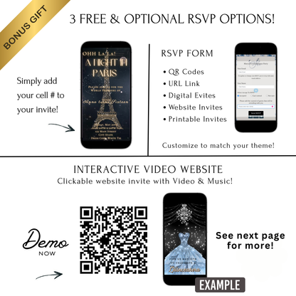 Paris Night Video Invitation| Editable Elegant Birthday Party Evite | Canva Template
