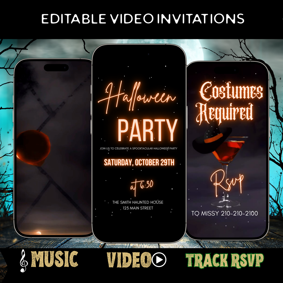 Halloween Video Invitation, Elegant Spooky Animated Invite, Editable Halloween Party Mobile Evite