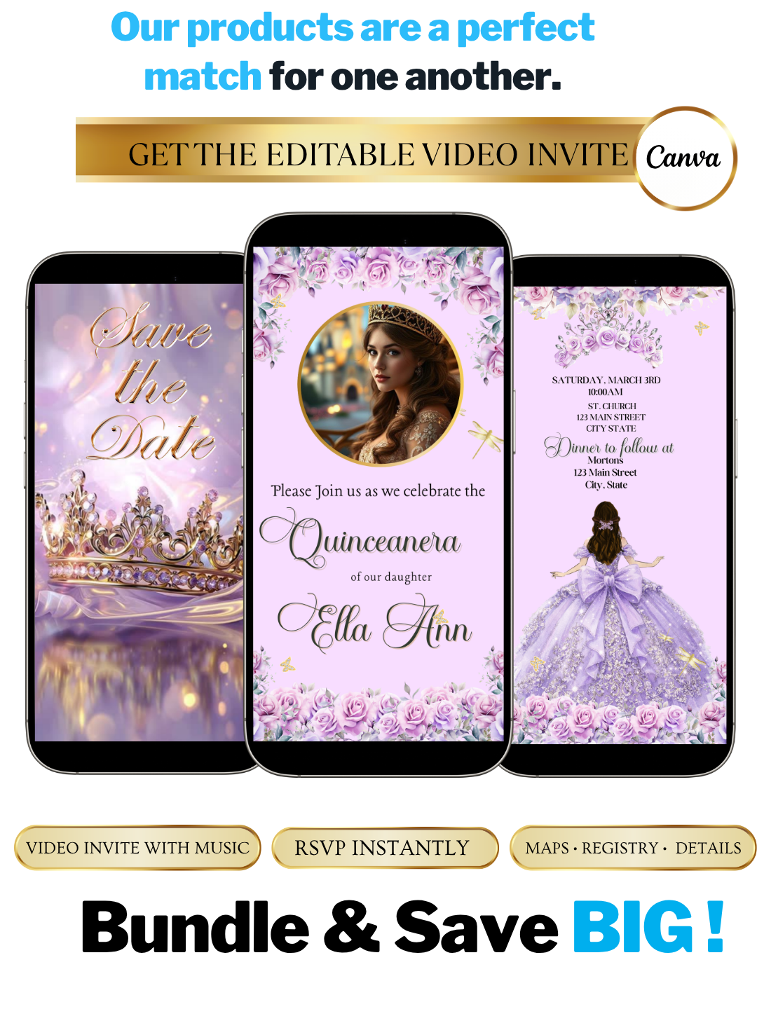 Lilac and Pink Quinceañera Video Invitation Canva Template