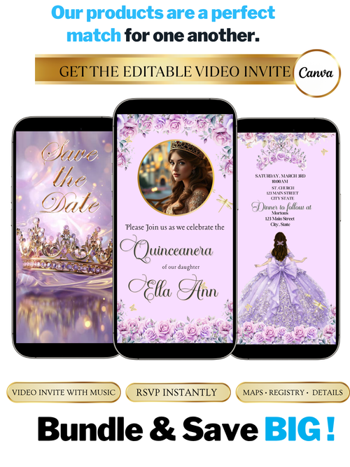 Lilac and Pink Quinceañera Video Invitation Canva Template
