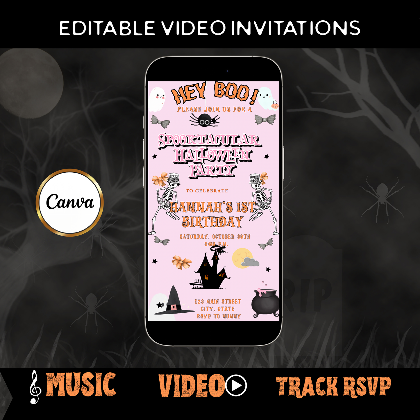 Halloween-Videoeinladung, animierte Halloween-Einladung in Pink, bearbeitbare mobile Halloween-Party-Einladung