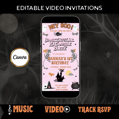 Halloween-Videoeinladung, animierte Halloween-Einladung in Pink, bearbeitbare mobile Halloween-Party-Einladung