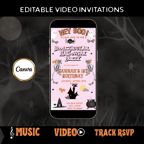 Halloween-Videoeinladung, animierte Halloween-Einladung in Pink, bearbeitbare mobile Halloween-Party-Einladung