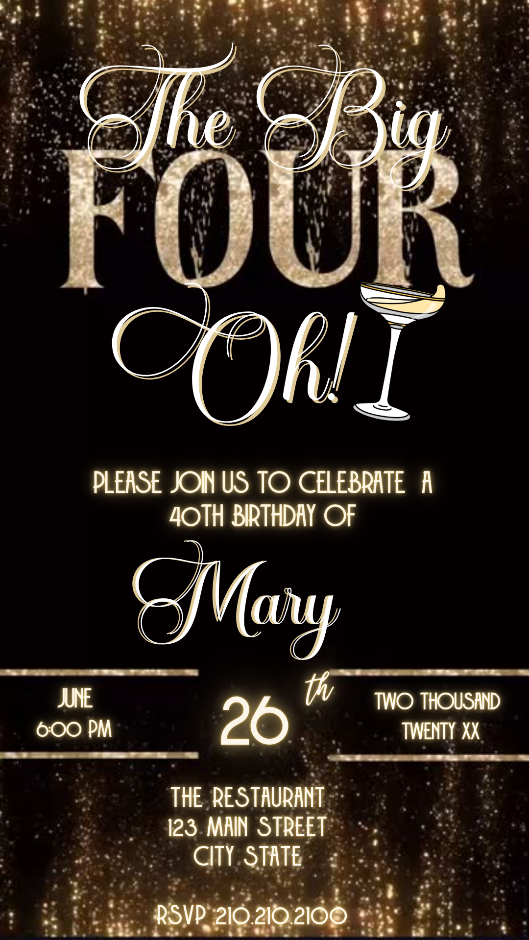 Elegant Gold The Big Four-Oh 40th Birthday Video Invitation Template Download