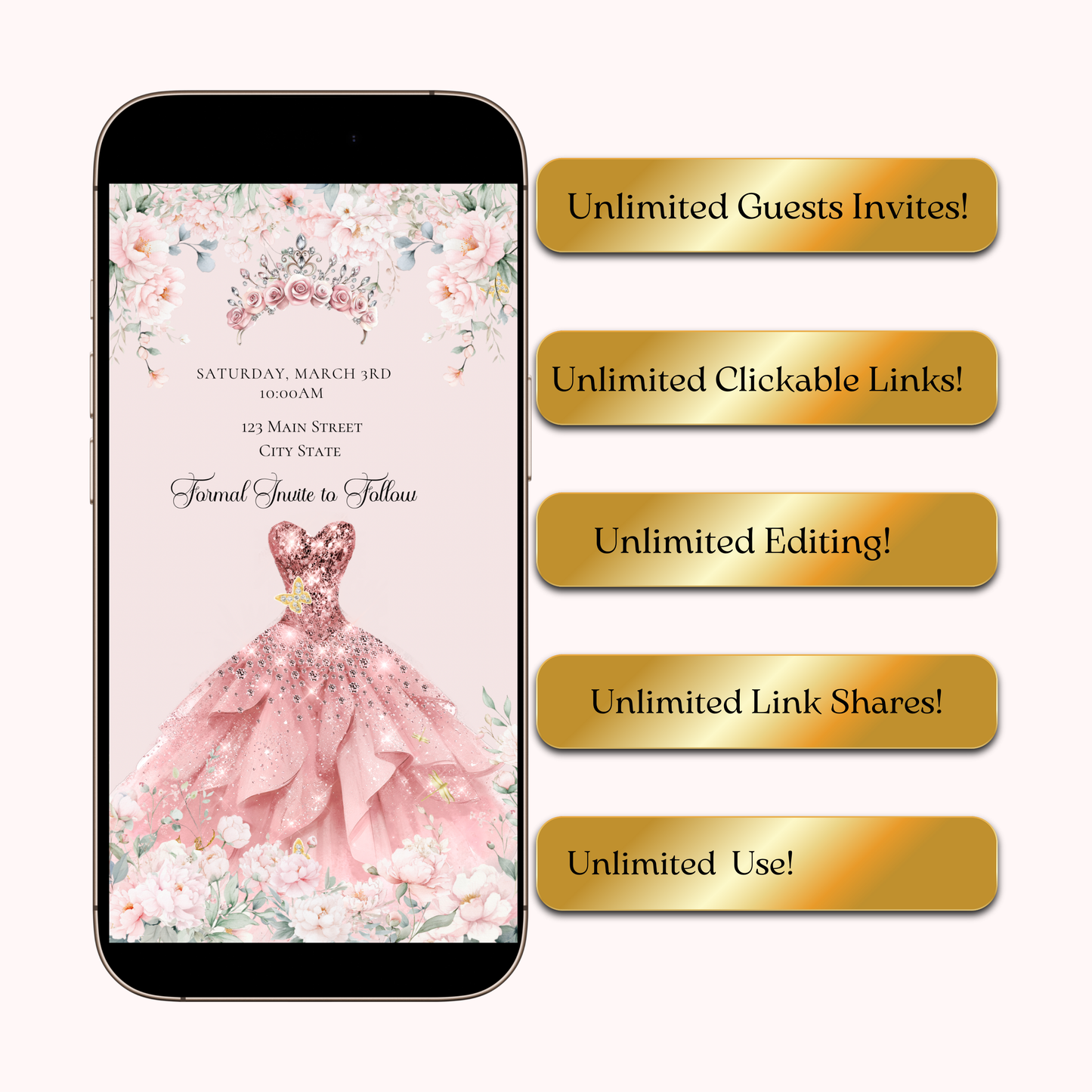 Pink Quinceanera Video Invite | Animated Sweet 15 Quince Invite | Editable Canva Evite Template