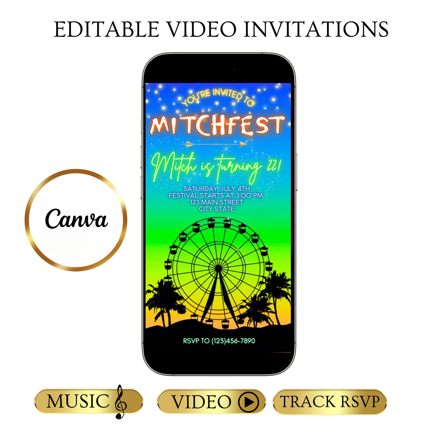 Music Festival Video Invite | Coachella Editable Evite | Animated Ferris Wheel Template