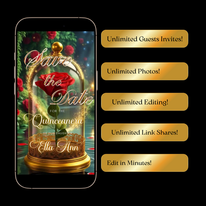 Beauty and the Beast Red Rose Video Invite | Digital Princess Quinceanera Invite | Editable Canva Evite Template