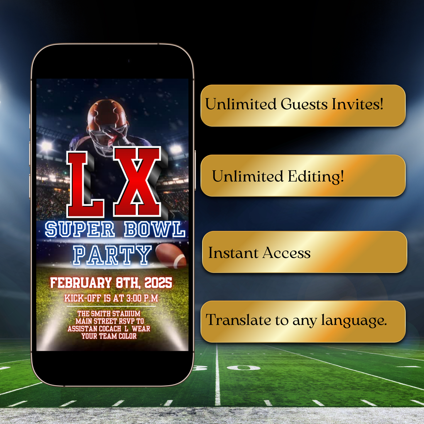 Super Bowl LX Party Video Invitation | Digital Football Canva Template