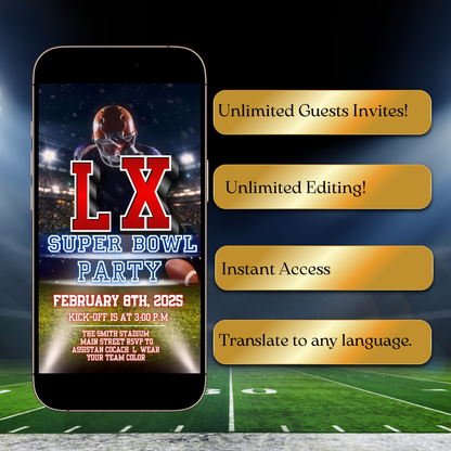Super Bowl LX Party Video Invitation | Digital Football Canva Template