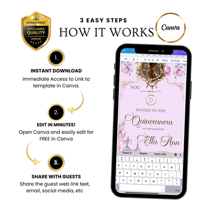 Rapunzel Quinceanera Website Invite |  Sweet 15 16 Evite RSVP Video Invitation | Canva Template