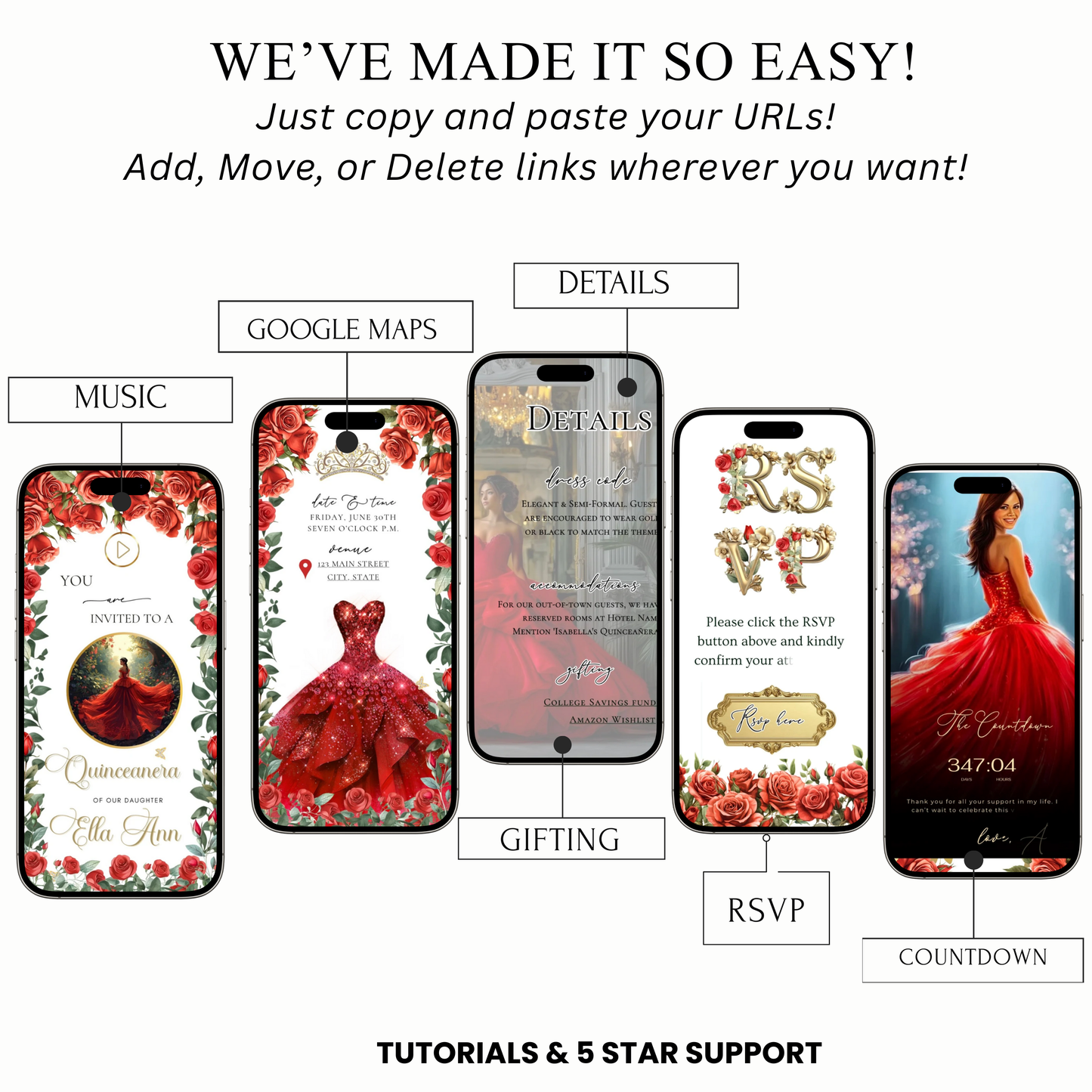 Einladung zur Quinceañera mit roten Rosen | Einladung zur Sweet 15/16 mit RSVP-Tracking | Canva-Vorlage