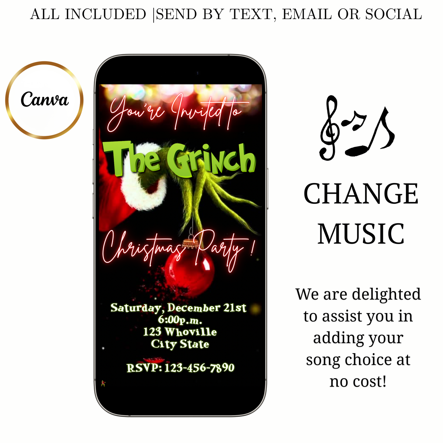 The Grinch Video Invitation | Digital Christmas Invite | Editable Canva Template