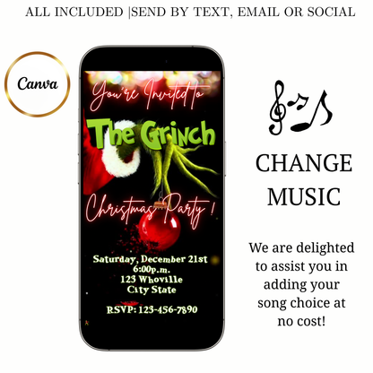 The Grinch Video Invitation | Digital Christmas Invite | Editable Canva Template