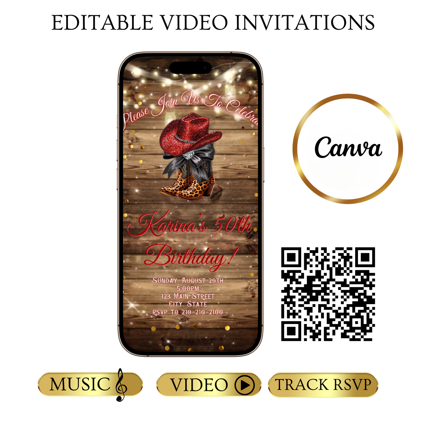 Boots and Bling Video Invitation | Rustic Western Theme Digital Evite | Editable Canva Template