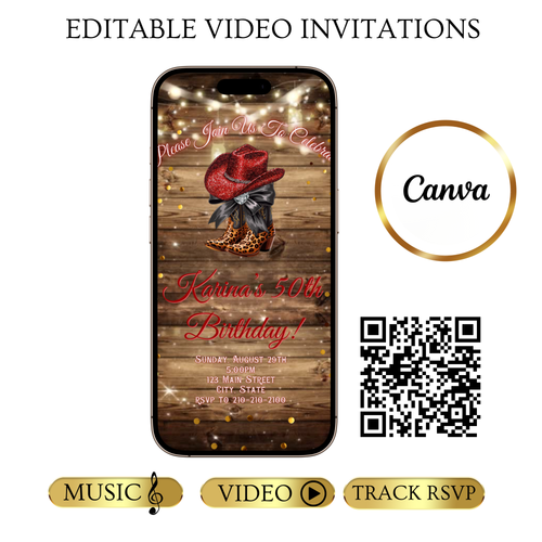 Boots and Bling Video Invitation | Rustic Western Theme Digital Evite | Editable Canva Template