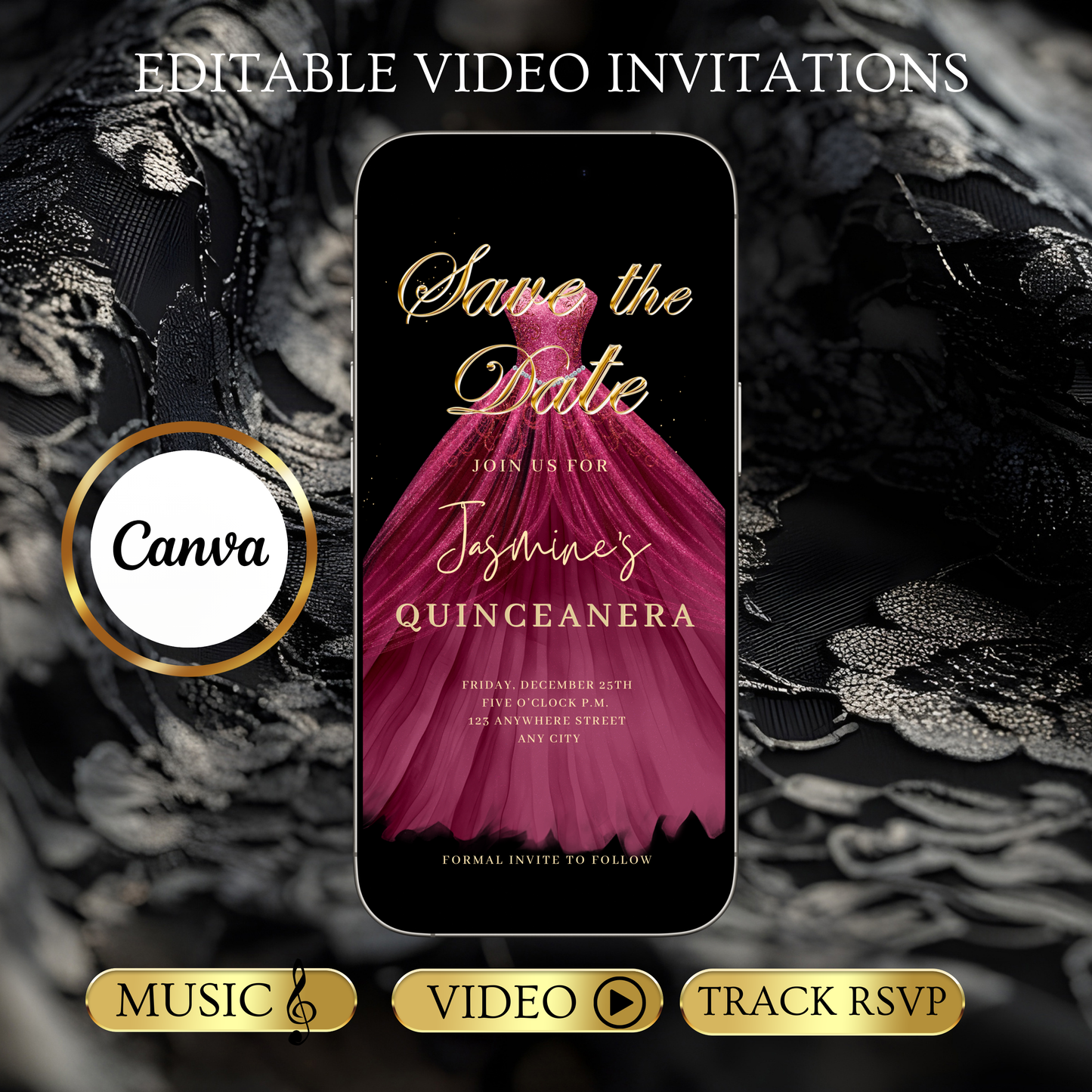 Maroon Quinceanera Video Invite | Sweet 15 16 Quince RSVP Tracker | Editable Canva Evite Template