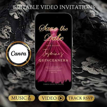 Maroon Quinceanera Video Invite | Sweet 15 16 Quince RSVP Tracker | Editable Canva Evite Template