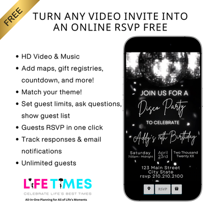 Video-Einladung zur Disco-Ära | Digitale Disco-Einladung für Mobilgeräte | Online-Vorlage zum Bearbeiten