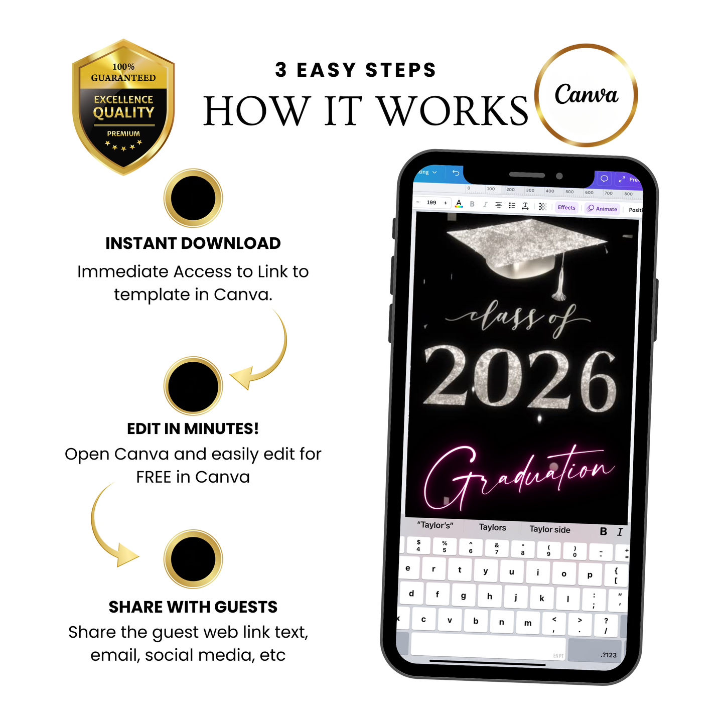 2026 Graduation Party Video Invitation | Digital Pink Graduation Invite | Editable Online RSVP Evite Canva Template